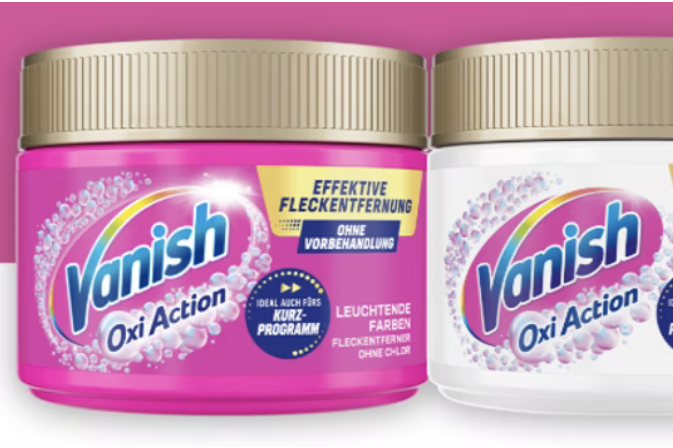 Zwei Vanish-Produkte in pinker und weißer Verpackung, für effektive Fleckenentfernung. VANISH FLECKENTFERNER - gratis testen