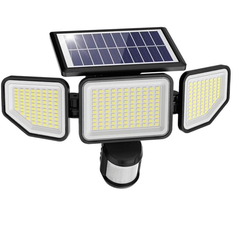 Solarbetriebene LED-Sicherheitsleuchte mit beweglichem Sensor.