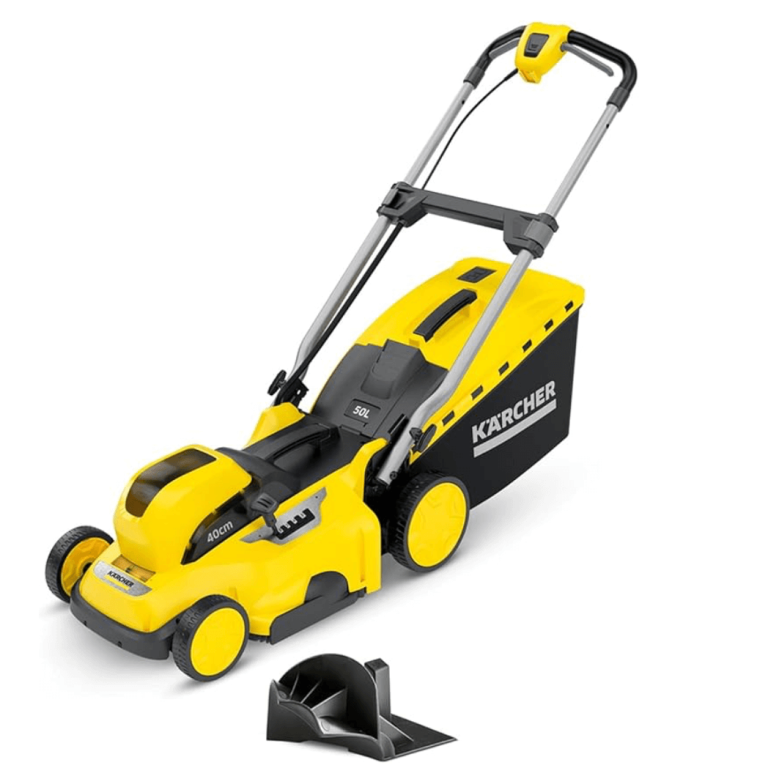 Gelber Rasenmäher mit Fangsack und klappbarem Griff, inklusive Zubehör.