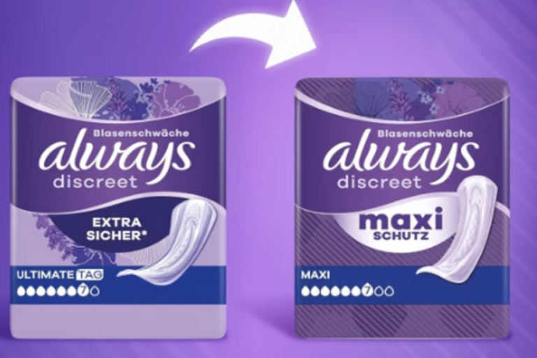 Verpackungen von Always Discreet, Extra Binde links und Maxi Binde rechts, lila Hintergrund. ALWAYS DISCREET MAXI - gratis testen