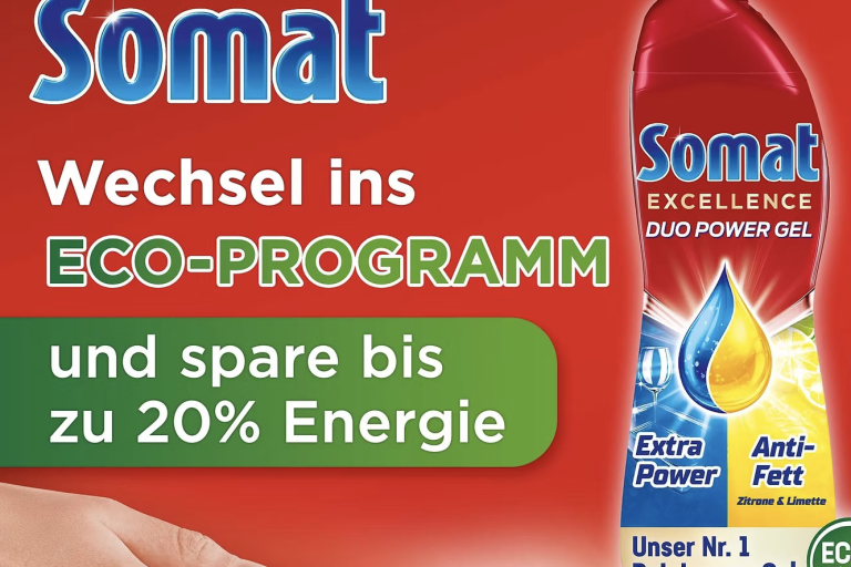 Somat Duo Power Gel mit Hinweis auf Eco-Programm und Energiekosteneinsparung. SOMAT EXCELLENCE 5 IN 1 GEL - gratis testen