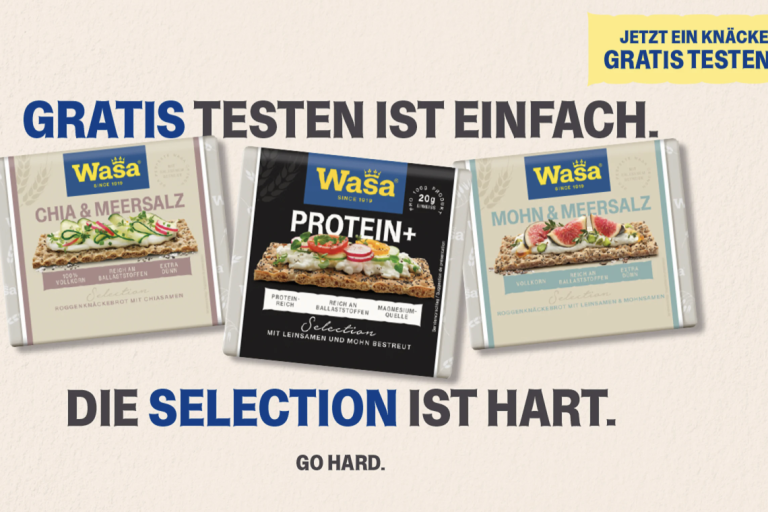 Werbung für Wela Produkte: Gratis testen, verschiedene Sorten, auffälliger Slogan. WASN-gratis testen